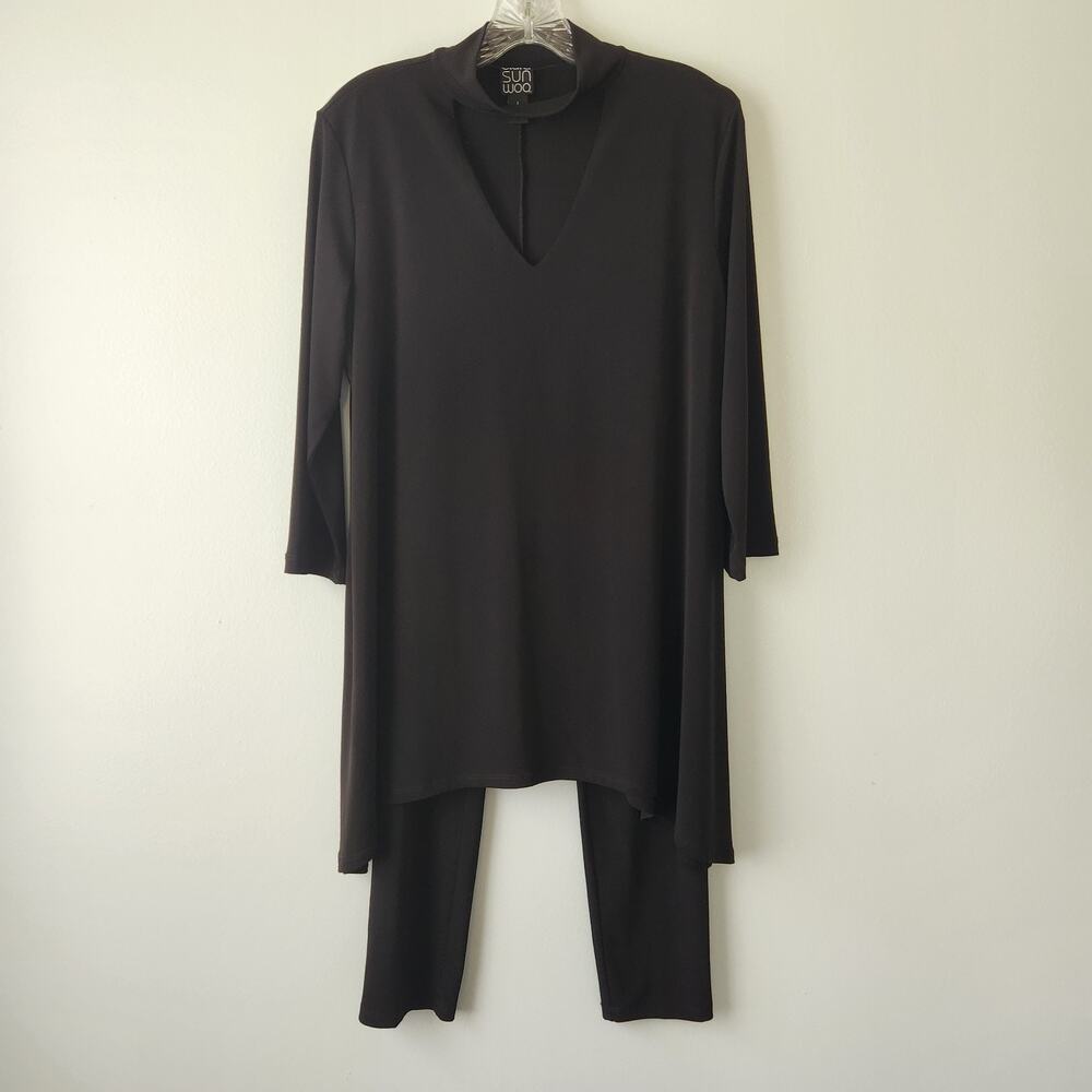 Clara Sun Woo Pants Set Women's L Black Tunic Straight Leg Outfit Lagenlook Chic